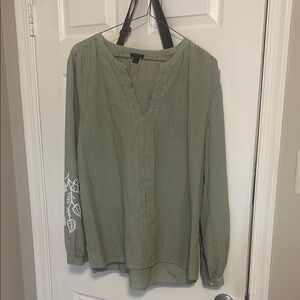 Ann Taylor Striped Green Blouse with Embroidered Sleeves